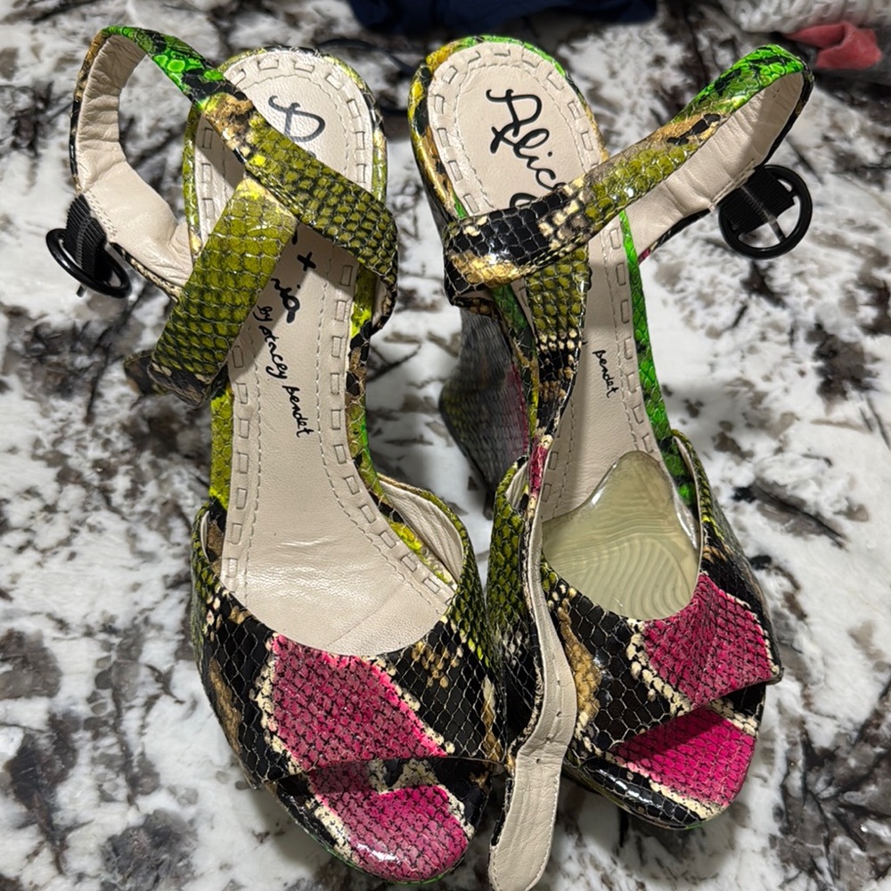 Alice x Olivia Chic Green and Pink Strappy Sandals with Stiletto Heel